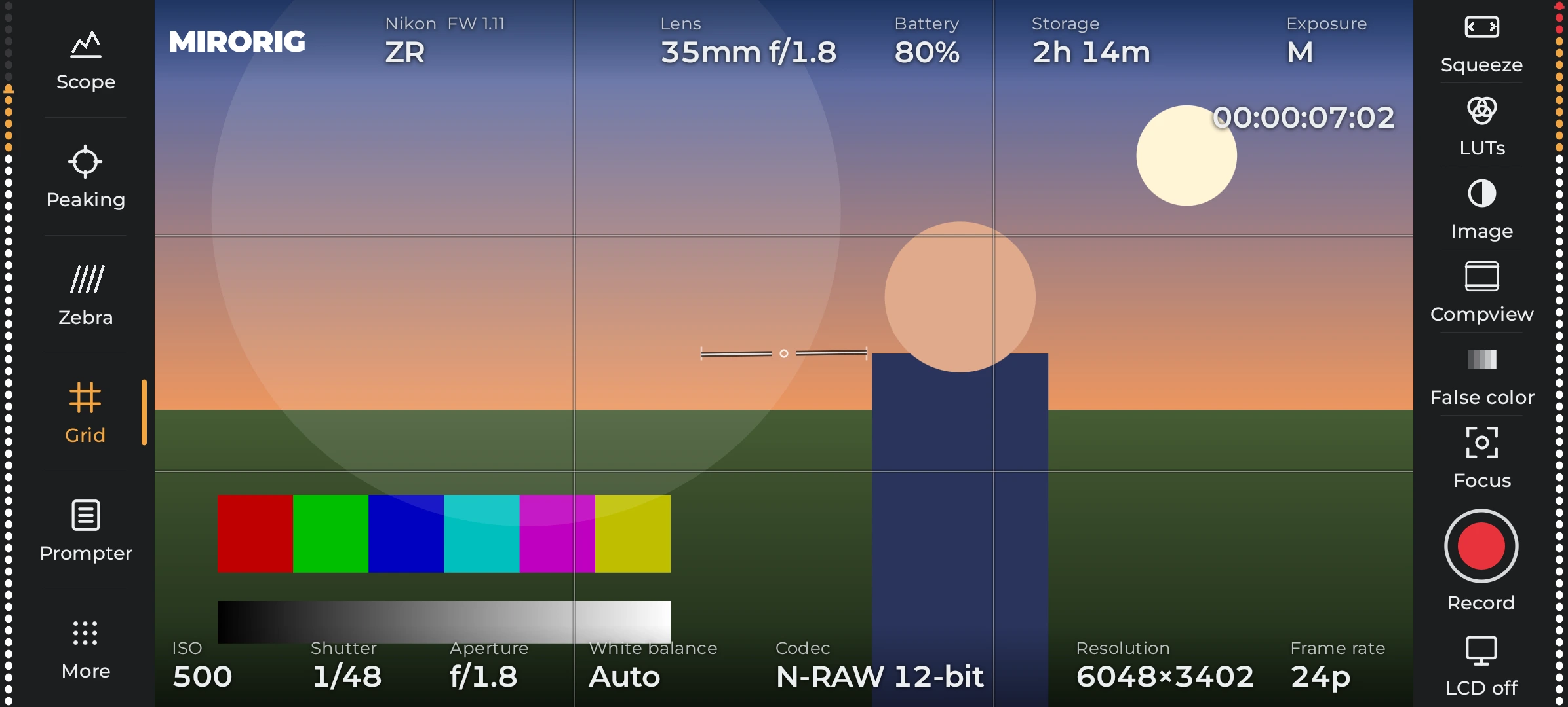 MIRORIG Android emulator design preview with a synthetic camera frame, exposure controls and monitoring rails